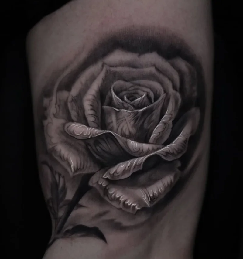 Black and grey rose tattoo by Stefano Alcántara