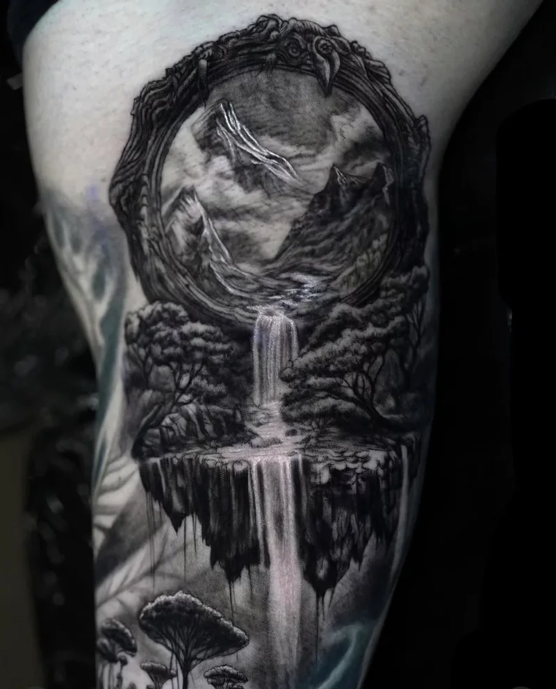 Black and grey landscape tattoo with waterfall by Stefano Alcántara